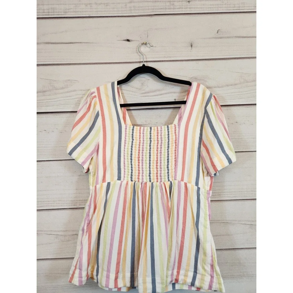 Old‎ Navy Womens Large Multicolor Stripe V-Neck Tie Front Smocked Back Blouse